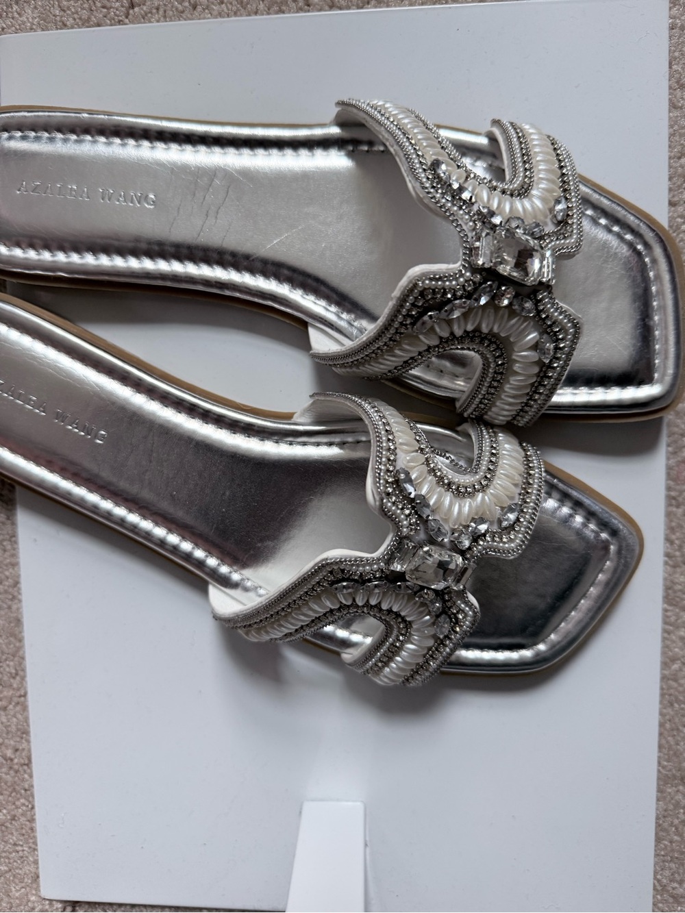 Azalea Wang Embellished Silver Slide Sandals - Women